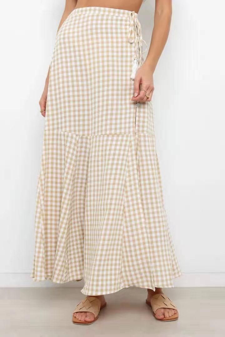 Spring Summer Office Stitching Clinch Mid Waist Classic Plaid Half-Length Large Swing Skirt