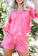 Load image into Gallery viewer, Bright Pink Textured Chest Pocket Half Sleeve Shirt Shorts Outfit
