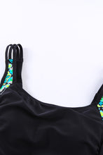 Load image into Gallery viewer, Black Floral Trim Ruched Tummy Control One Piece Swimdress
