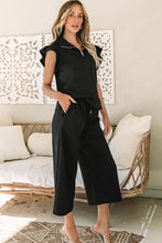 Load image into Gallery viewer, Black Textured Flutter Sleeve Top Wide Leg Pants Set
