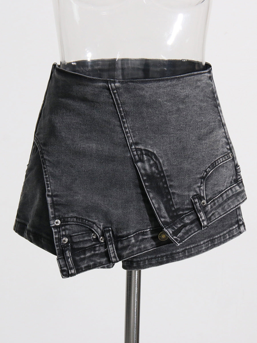 Personality Street Denim Stitching Shorts Autumn High Waist Irregular Asymmetric Washed Worn Jeans Women