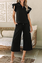 Load image into Gallery viewer, Black Textured Flutter Sleeve Top Wide Leg Pants Set
