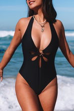 Load image into Gallery viewer, Black Plunge V Neck O-ring Cut out One-piece Swimwear
