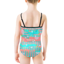 Load image into Gallery viewer, Amelia Rose peach/teal print Kids&#39; Spaghetti Strap Ruffle Swimsuit (Model S26)
