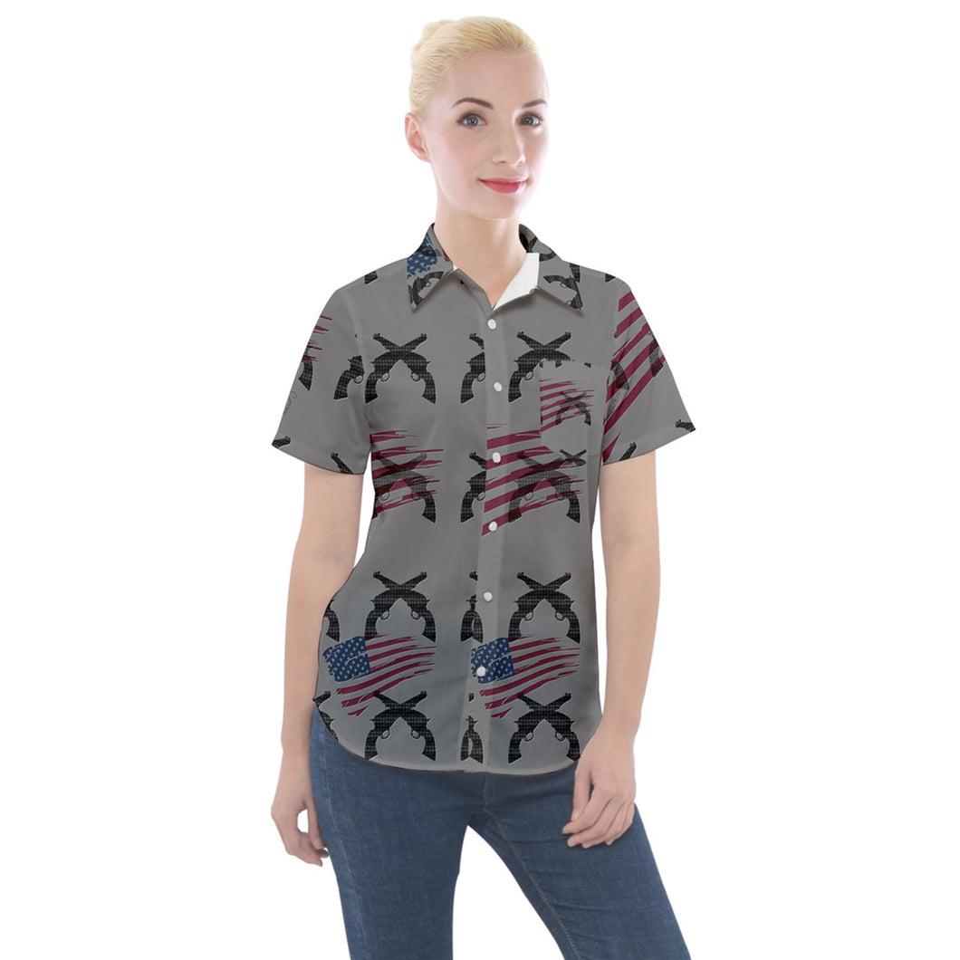 America Theme print Women's Short Sleeve Pocket Shirt