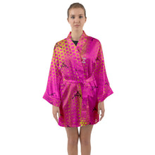 Load image into Gallery viewer, Girls n Guns pink print Long Sleeve Satin Kimono

