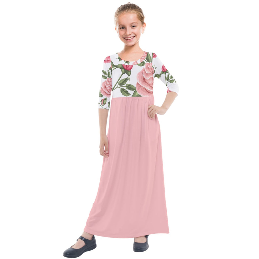 Rose print solid  Kids' Quarter Sleeve Maxi Dress