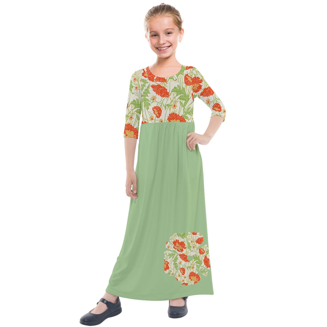 Green/flowers print  Kids' Quarter Sleeve Maxi Dress