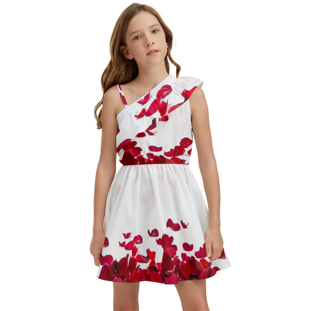 Amelia Rose red rose petals print Kids' One Shoulder Party Dress