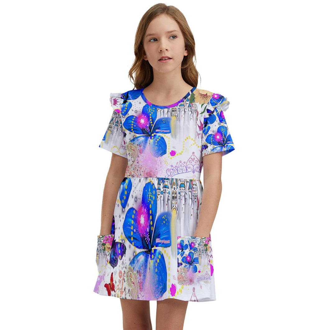 Amelia Rose princess print w/b D4F1C538-8D67-405C-8D8D-B859F259FBCD Kids' Frilly Sleeves Pocket Dress