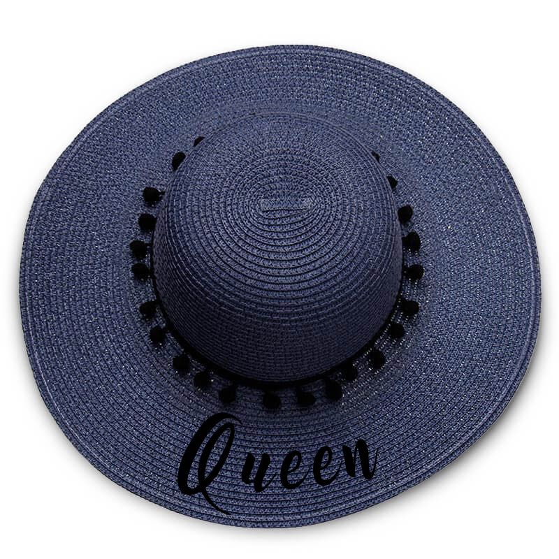 Queen print Floppy Beach Hat - Black Pompoms