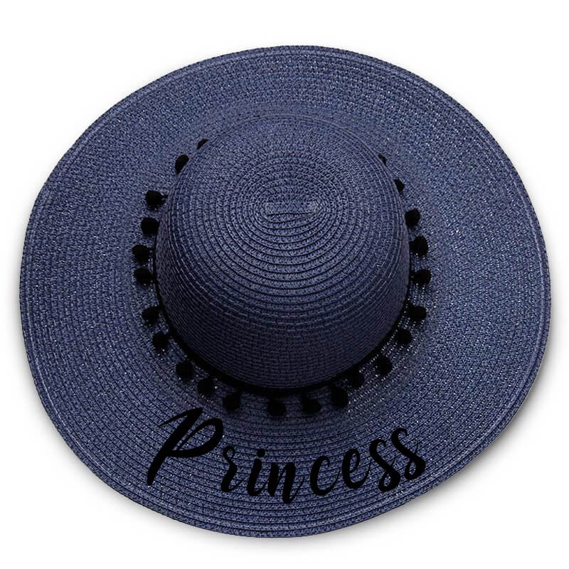 Princess print  Floppy Beach Hat - Black Pompoms