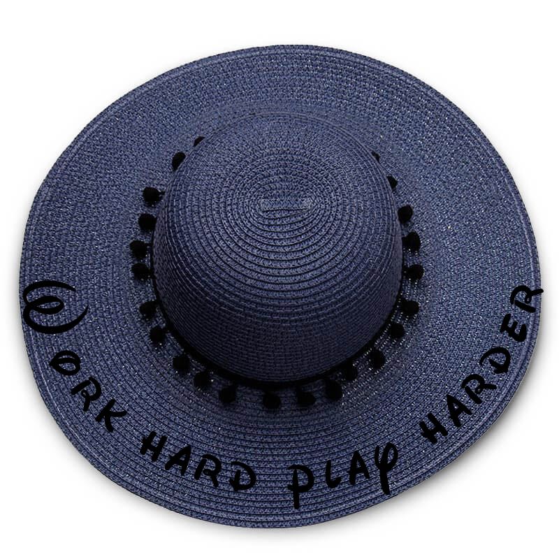 Work hard play harder print Floppy Beach Hat - Black Pompoms