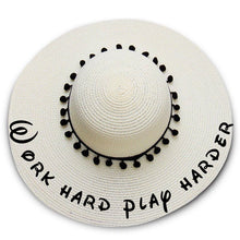 Load image into Gallery viewer, Work hard play harder print Floppy Beach Hat - Black Pompoms
