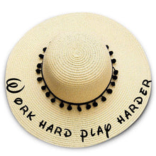 Load image into Gallery viewer, Work hard play harder print Floppy Beach Hat - Black Pompoms

