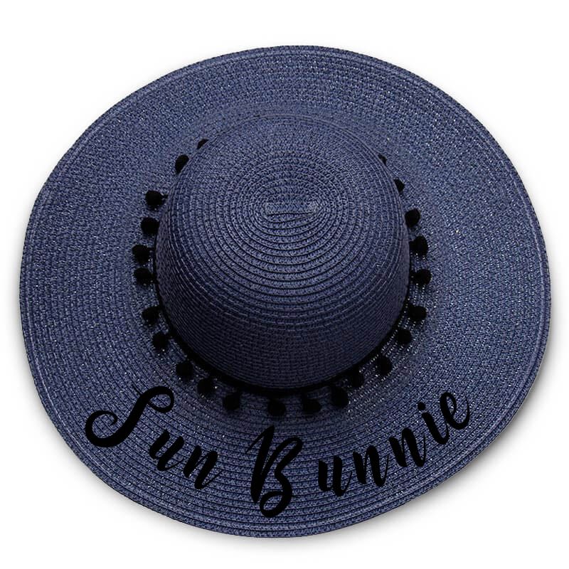 Sun Bunnie print Floppy Beach Hat - Black Pompoms