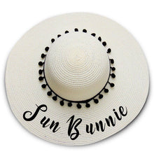 Load image into Gallery viewer, Sun Bunnie print Floppy Beach Hat - Black Pompoms
