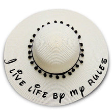 Load image into Gallery viewer, I live life by my rules print  Floppy Beach Hat - Black Pompoms
