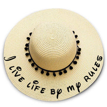 Load image into Gallery viewer, I live life by my rules print  Floppy Beach Hat - Black Pompoms
