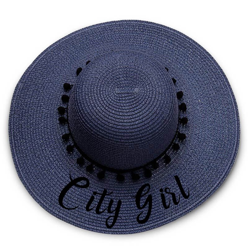 City Girl print Floppy Beach Hat - Black Pompoms