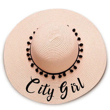 Load image into Gallery viewer, City Girl print Floppy Beach Hat - Black Pompoms
