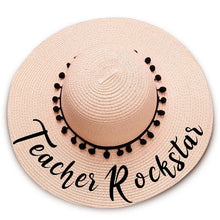 Load image into Gallery viewer, Teacher Rockstar print  Floppy Beach Hat - Black Pompoms
