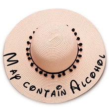 Load image into Gallery viewer, May contain alcohol print Floppy Beach Hat - Black Pompoms
