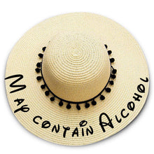 Load image into Gallery viewer, May contain alcohol print Floppy Beach Hat - Black Pompoms
