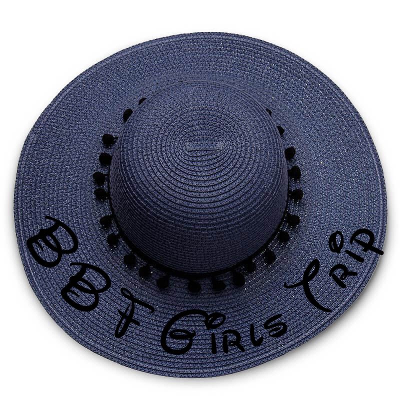BBF girls Trip print Floppy Beach Hat - Black Pompoms