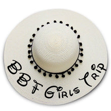 Load image into Gallery viewer, BBF girls Trip print Floppy Beach Hat - Black Pompoms

