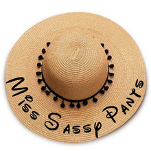 Load image into Gallery viewer, Miss Sassy Pants print Floppy Beach Hat - Black Pompoms
