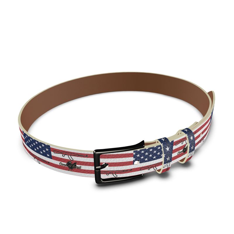 #411 cocknload leather belt. With USA flag and gun print.