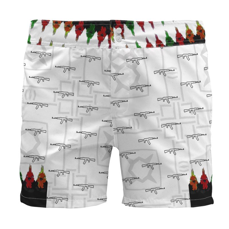 #426 cocknload Board Shorts rooster/gun print