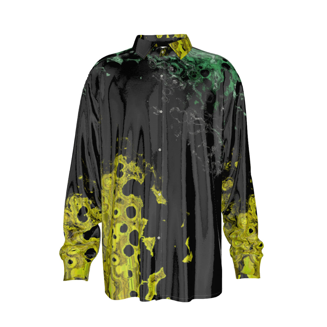Blk/yell-green Print Men's Imitation Silk Long-Sleeved Shirt