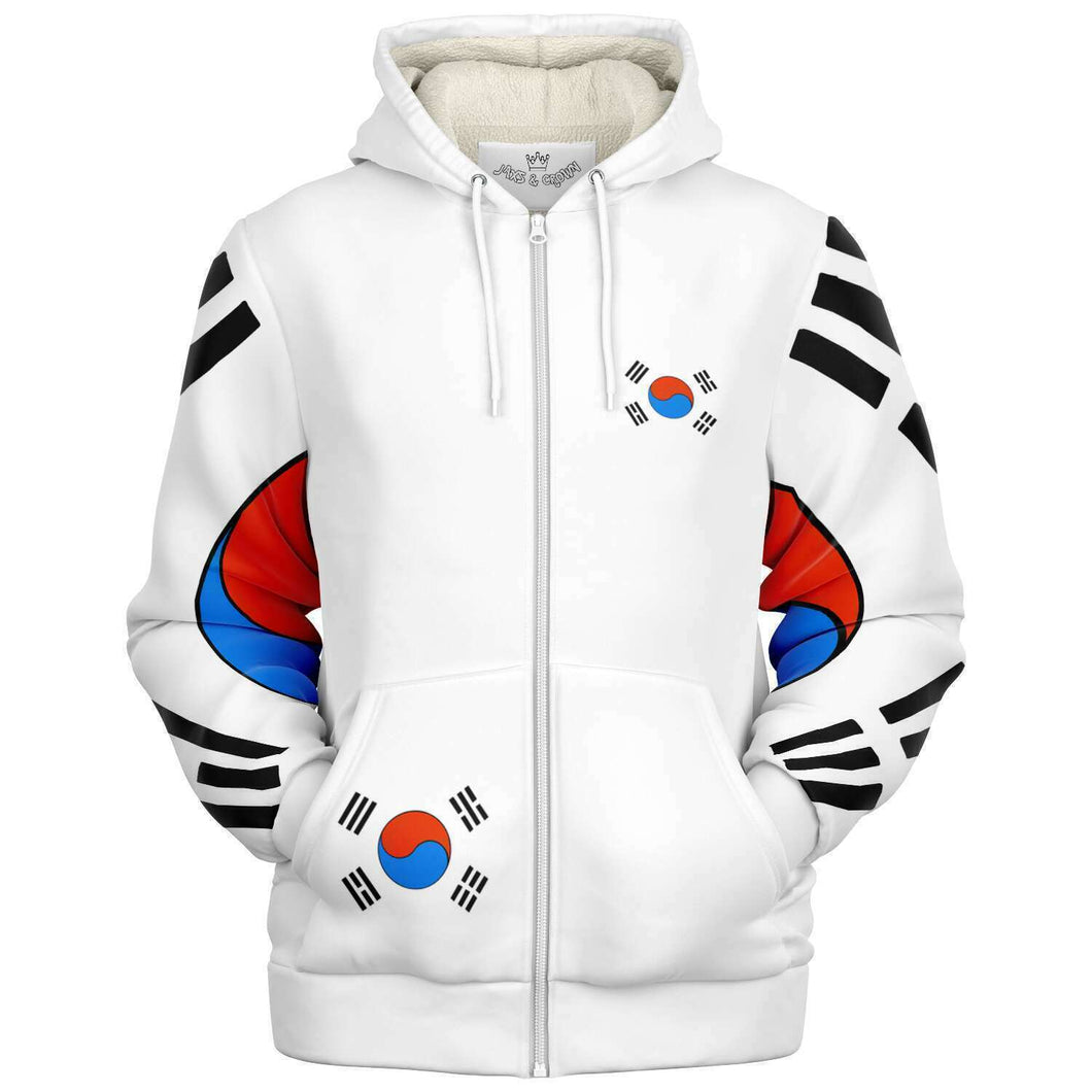 Korean flag design prin, print white microfleece zip up hoodie