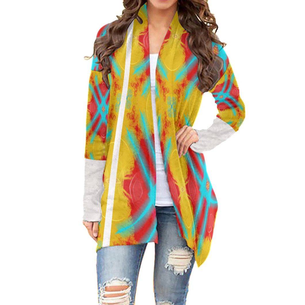 #300  Women's Cardigan With Long Sleeve in red and  teal yellow abstract