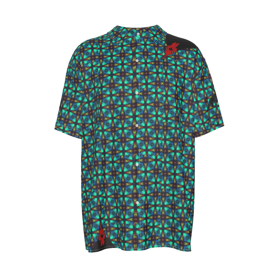 #468 Rooster print Men's Imitation Silk Short-Sleeved Shirt
