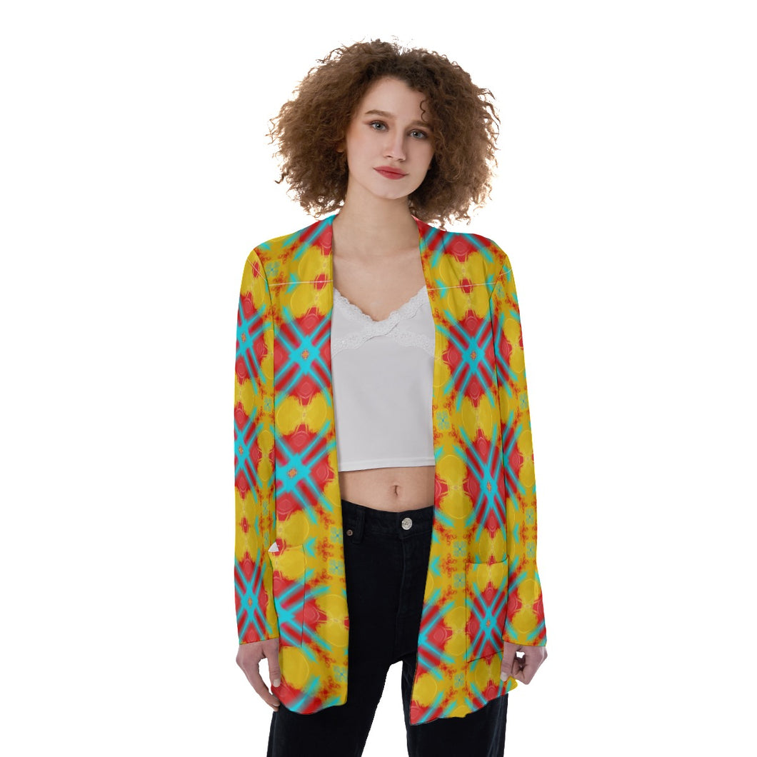 #300 Women's Patch Pocket Cardigan. With yellow and teal and red abstract.