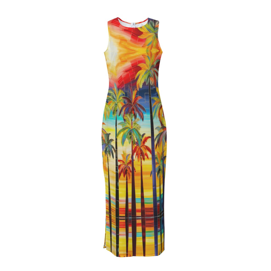 All-Over Print Women's Beach Perspective Chiffon Sleeveless Dress summer Palm