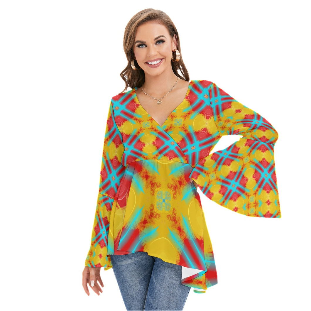 #300 Women's V-neck Blouse With Flared Sleeves in teal, red, yellow, abstract
