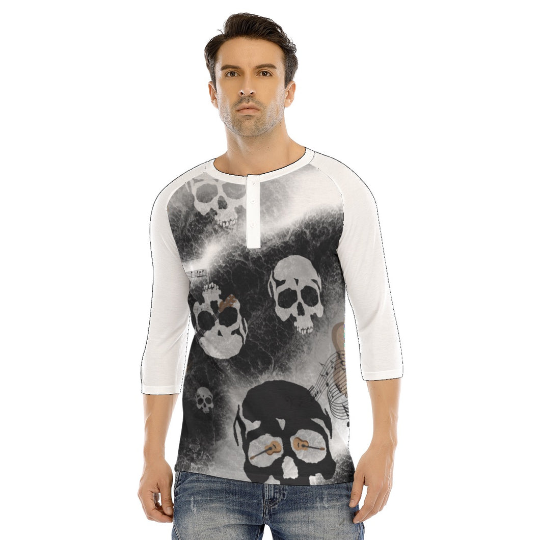 Guitarist skull  print All-Over Print Men's Bracelet Sleeve T-shirt With Button Closure