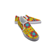 Load image into Gallery viewer, #300 Women&#39;s Slip On Sneakers abstract with yellow and teal and red print

