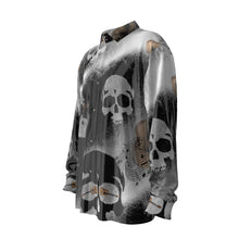 Load image into Gallery viewer, Blk/skull print All-Over Print Men&#39;s Imitation Silk Long-Sleeved Shirt
