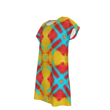 Load image into Gallery viewer, #300 Women&#39;s Short Sleeve Dress in teal,yellow,red abstract
