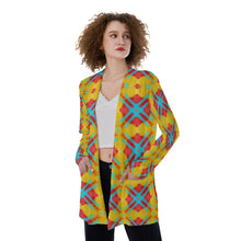 Load image into Gallery viewer, #300 Women&#39;s Patch Pocket Cardigan. With yellow and teal and red abstract.
