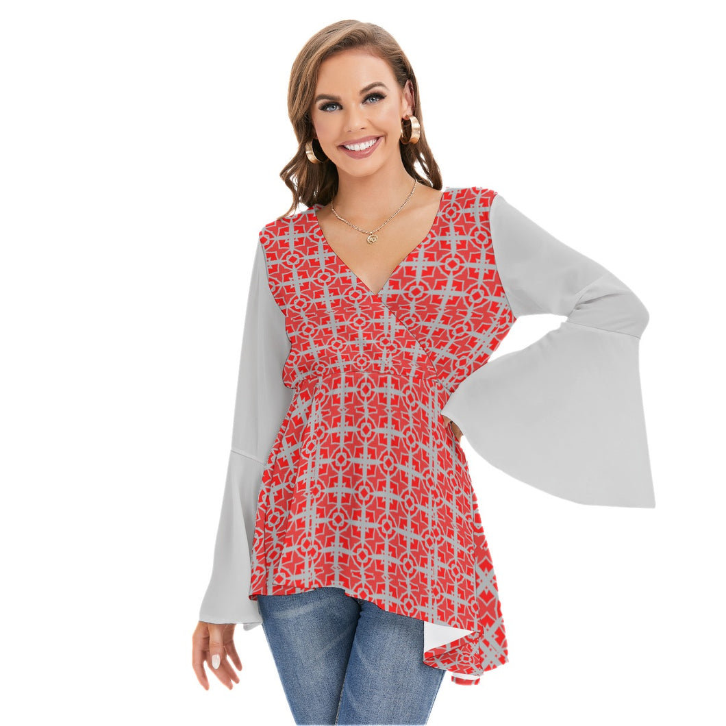 #175 LDCC Women's V-neck Blouse With Flared Sleeves