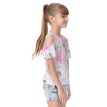 Load image into Gallery viewer, Amelia Rose print 101, pink flowers, Kid&#39;s Cold Shoulder T-shirt With Ruffle Sleeves

