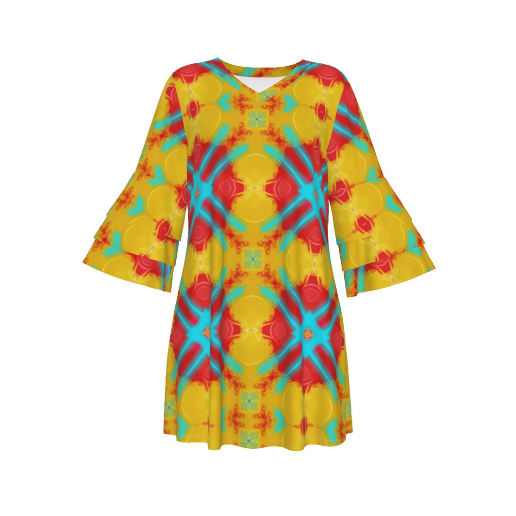 #300 Women's Stacked Ruffle Sleeve Dress in teal, yellow, red abstract