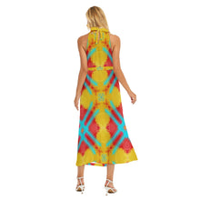 Load image into Gallery viewer, #300 Women&#39;s Wrap Hem Belted Halter Dress in teal, yellow,red abstract
