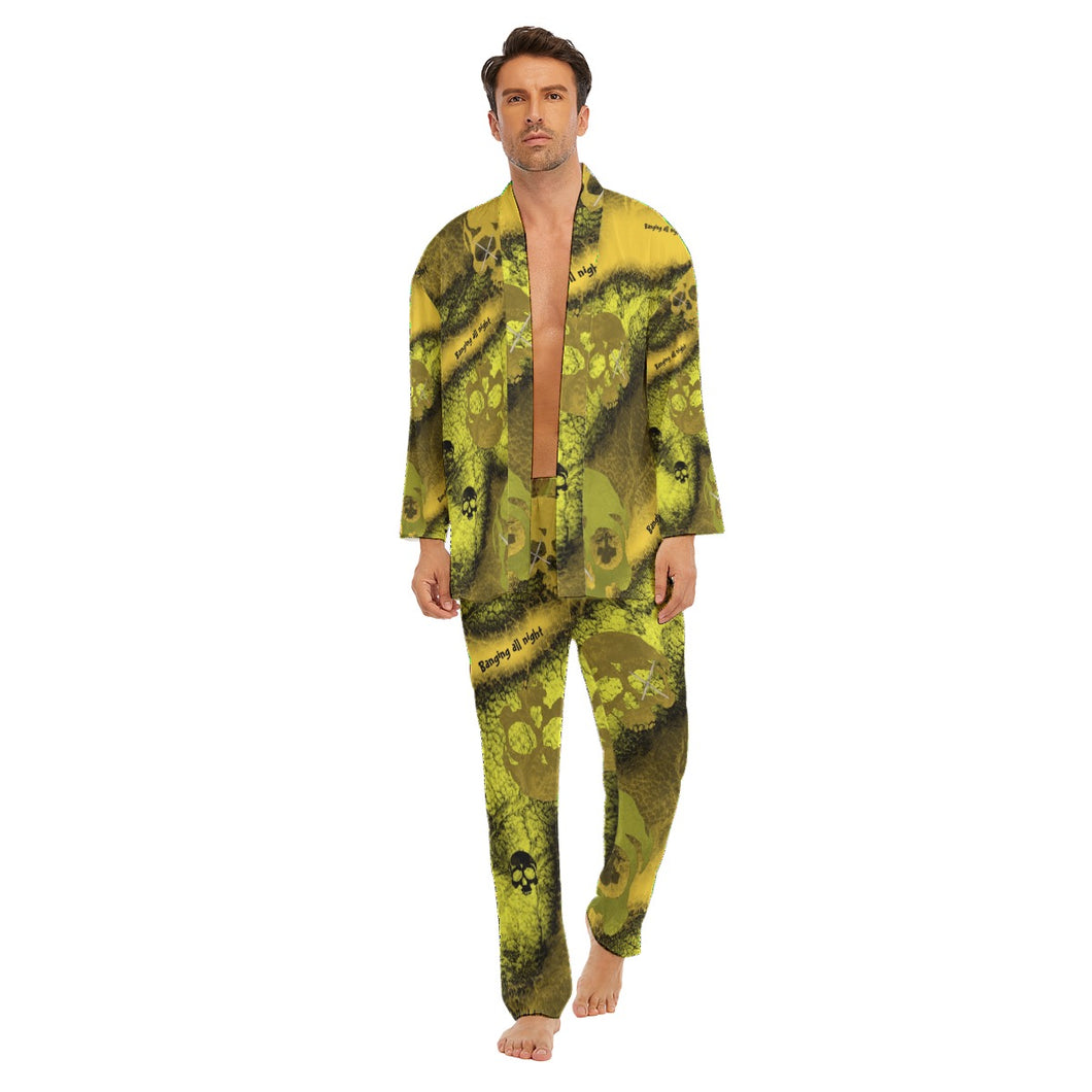 Drum/skull print All-Over Print Men's Imitation Silk Pajama Sets